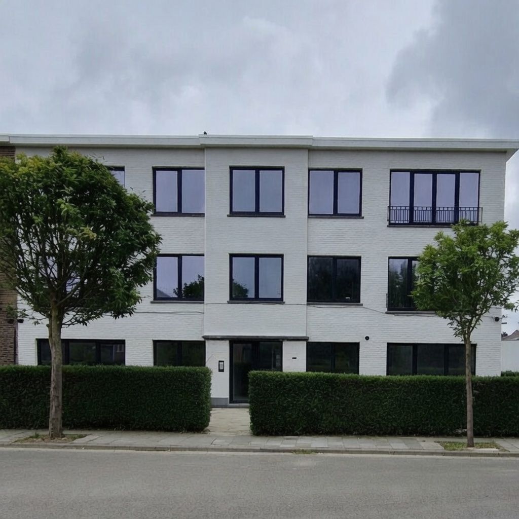 Afgewerkte witte spuitkurk-gevel met zwarte aluminium ramen, na de renovatie